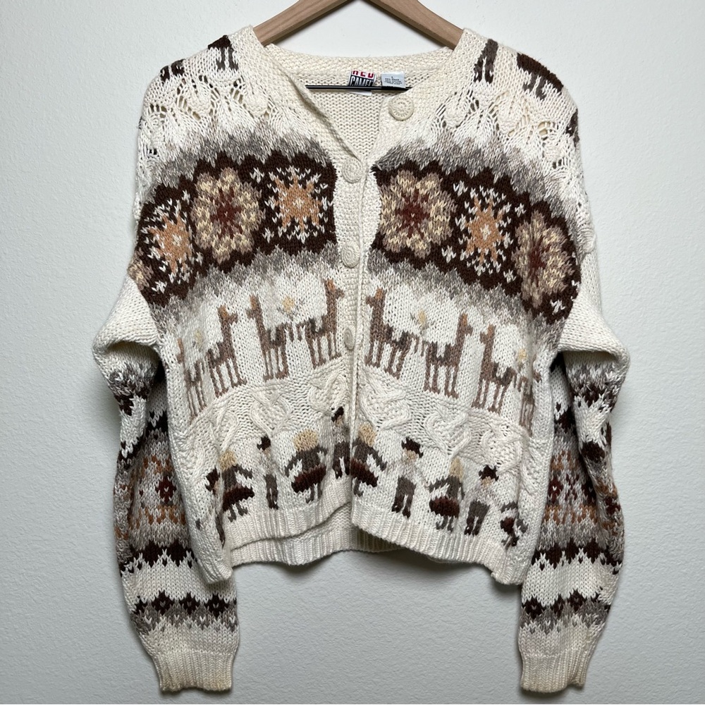 VTG 80s Women Novelty Sweater Cardigan Large Tan Camel Prairie Cottage Folk